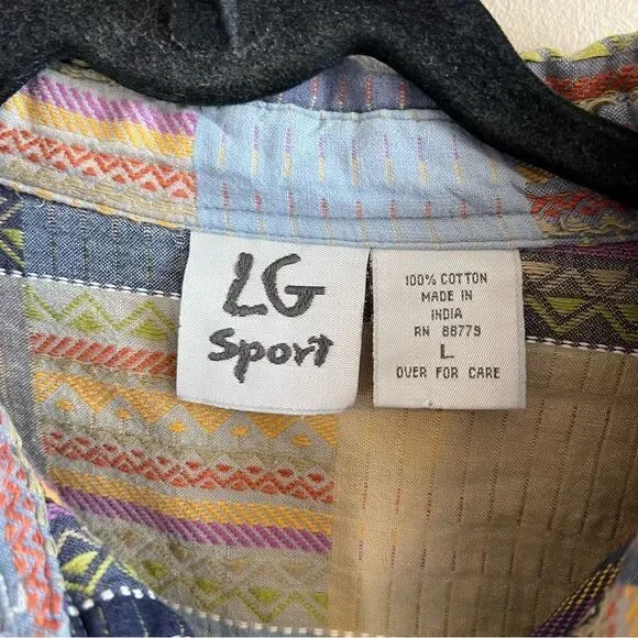 ✨ Vintage LG Sport Multicolor Patchwork Long Sleeve Button Down Shirt Large - Picture 5 of 9